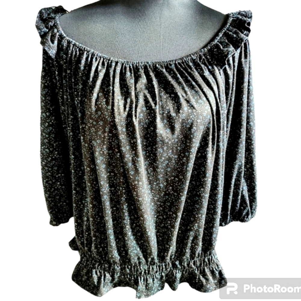 BOBEAU black Floral Print Peasant Off the Shoulder Blouse Size 2X